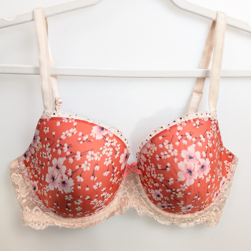 Victoria's Secret Coral Floral Lace Push-Up Bra with Cream Trim